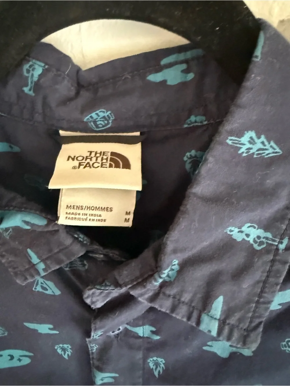 The North Face Navy Short-Sleeve Button-Up with Teal Graphic Print